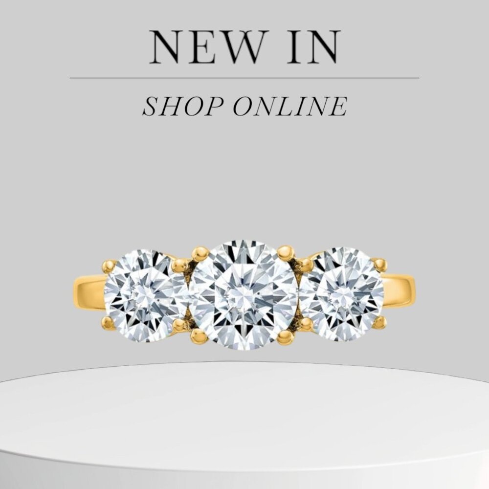 14K Yellow Gold 2.2 CT TRUE Light Moissanite Three Stone Engagement Ring